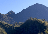 Vue du Piton des Neiges à La Réunion, avec ses pentes verdoyantes et ses crêtes abruptes sous un ciel dégagé.