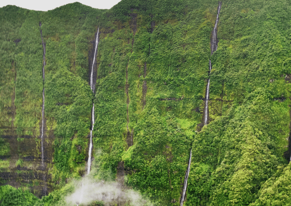 Vue aérienne des falaises verdoyantes de La Réunion avec plusieurs cascades descendant le long des parois, observées lors d’un vol en hélicoptère au-dessus des cirques.