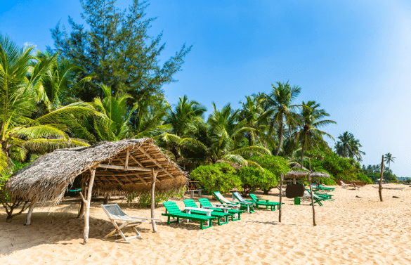 Plage tropicale à Tangalle avec transats colorés, palmiers et abri en feuilles sous un ciel bleu.