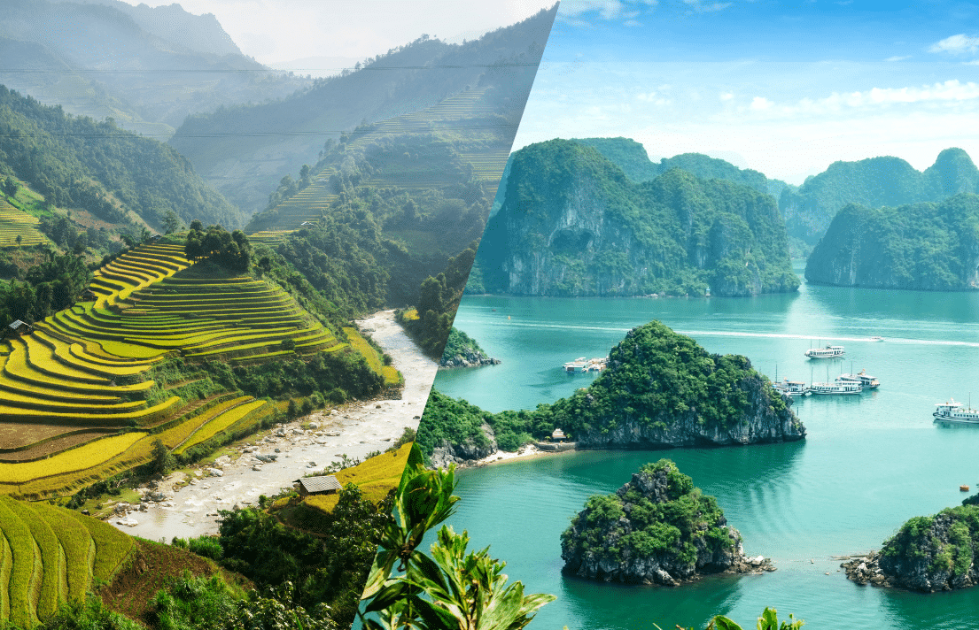 Vietnam : rizières en terrasses du Nord et baie d’Ha Long avec ses îlots karstiques, entre montagne et mer.