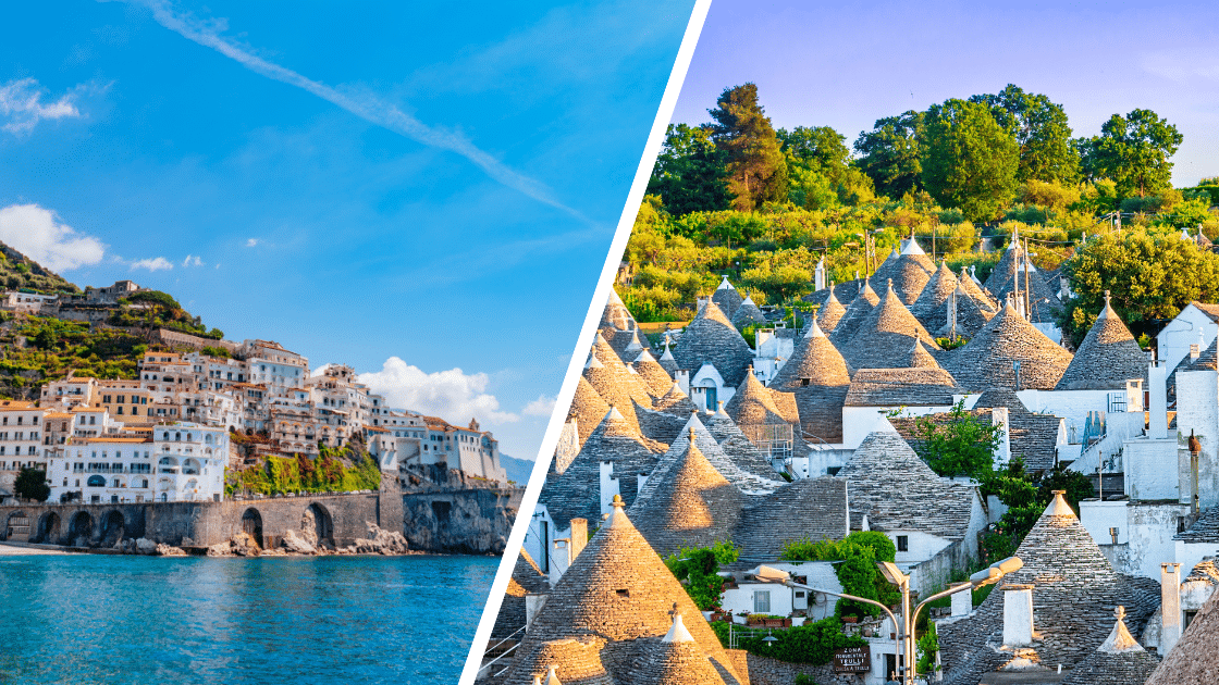 Vue de Positano sur la cote Amalfitaine et des trulli traditionnels d'Alberobello dans les Pouilles