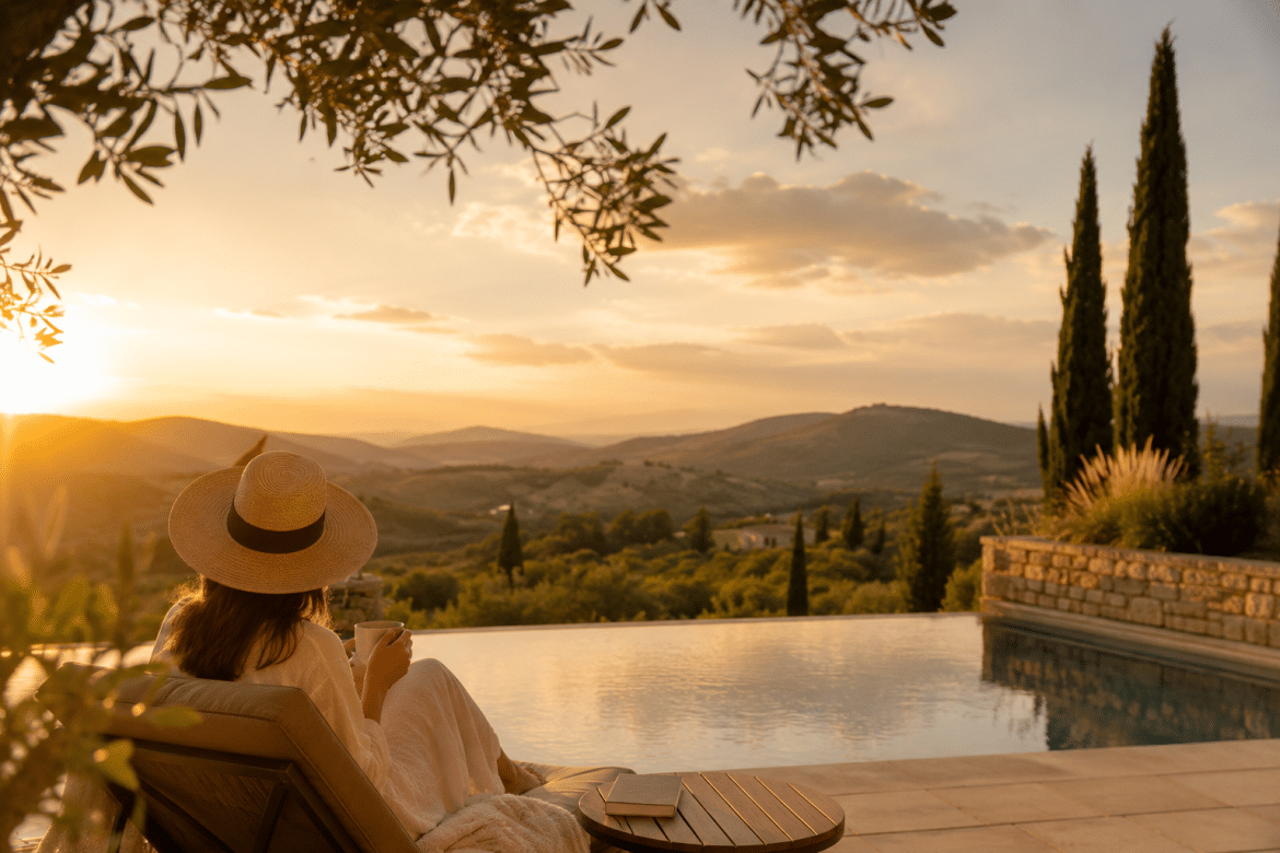 Terrasse avec piscine à débordement offrant une vue sur des collines baignées par le soleil couchant, symbole d'un voyage dédié au repos, à la déconnexion et au slow travel.