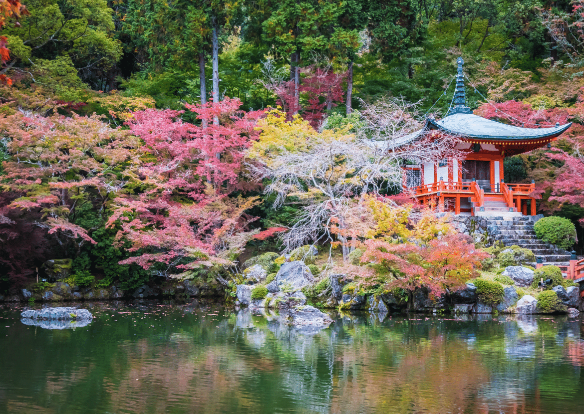 Temple japonais traditionnel entouré d'érables aux couleurs de l'automne, illustrant un premier voyage au Japon entre Tokyo, Kyoto et Hakone.
